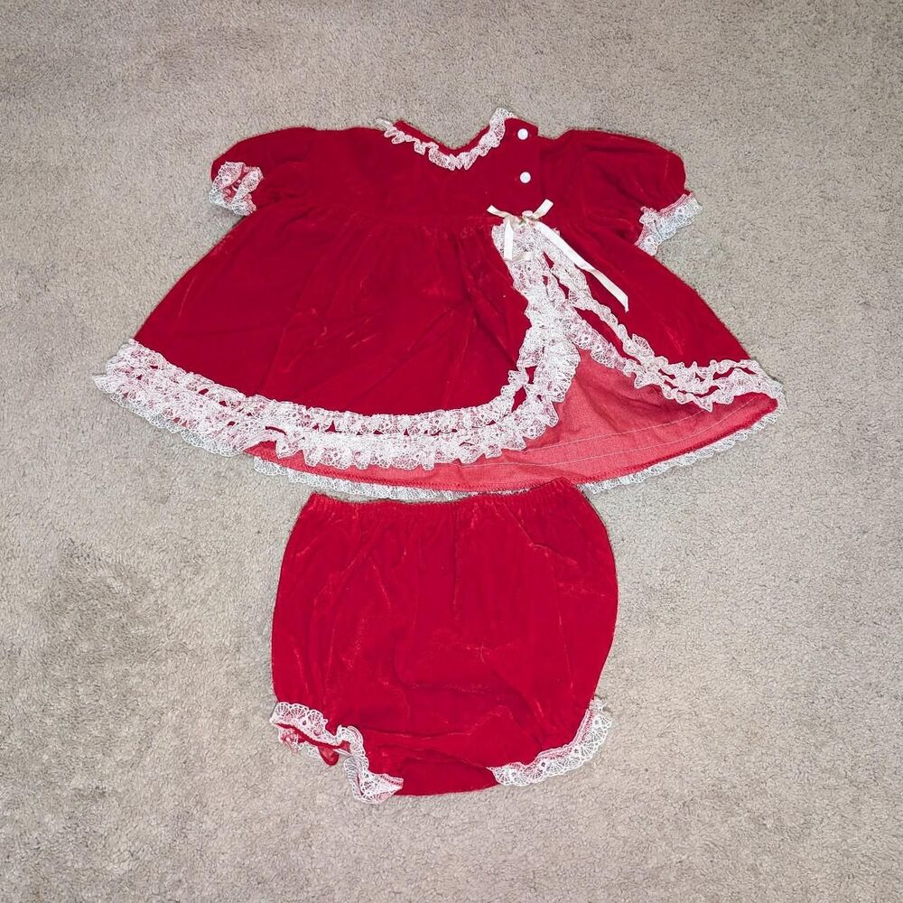 Vintage red velvet lace trim baby dress and matching diaper cover set